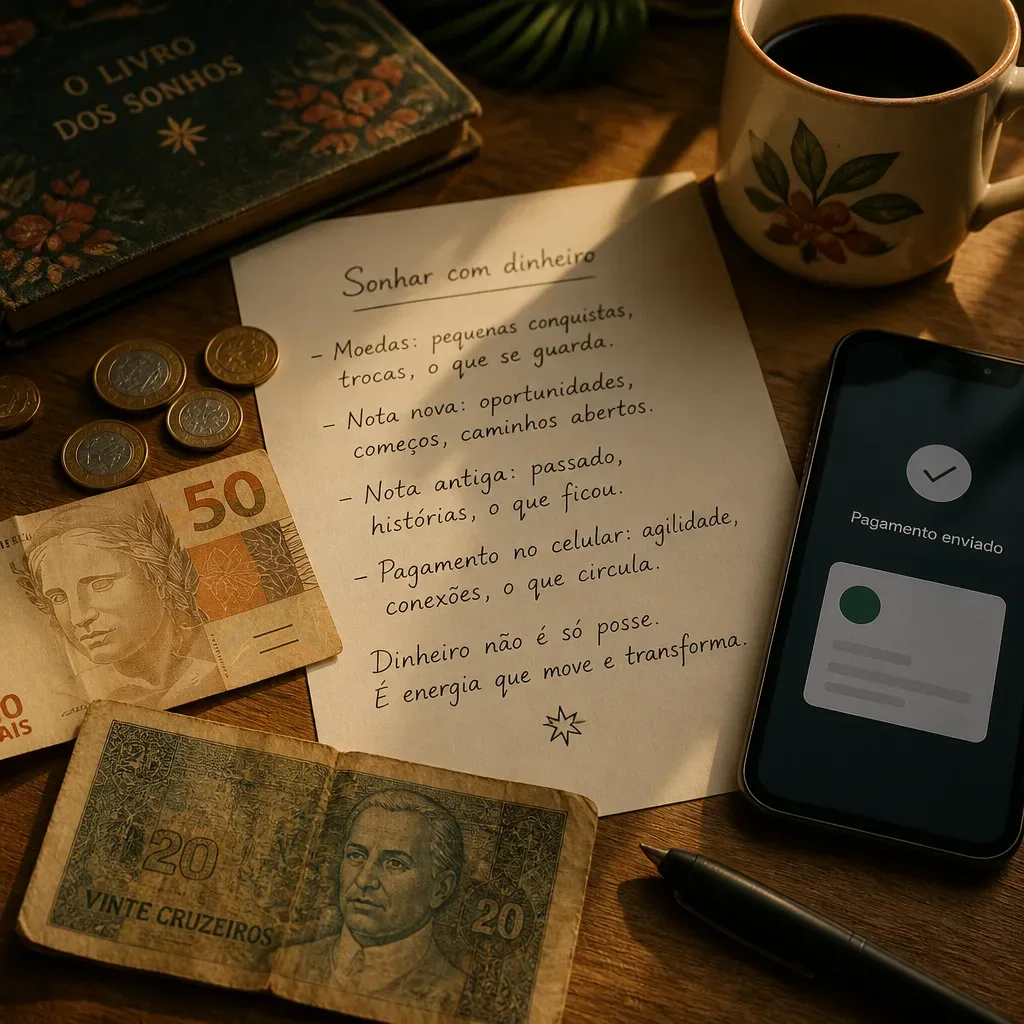 Moedas, nota e celular sobre anotações de sonho