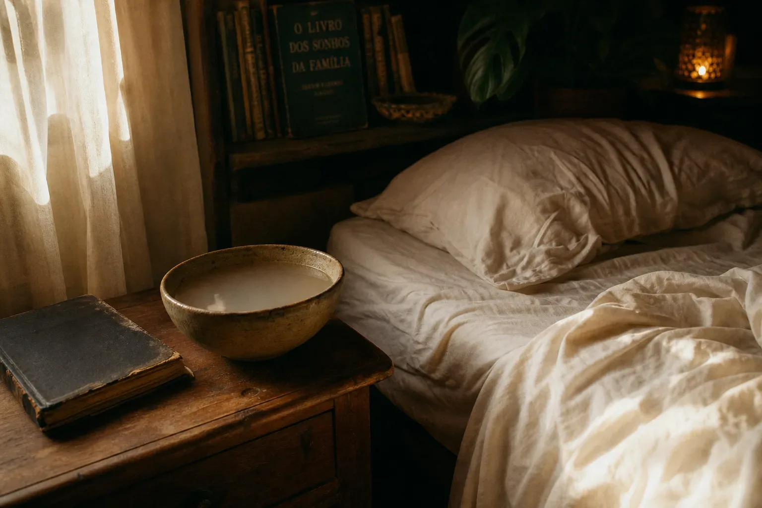 Bacia com água turva ao lado de uma cama