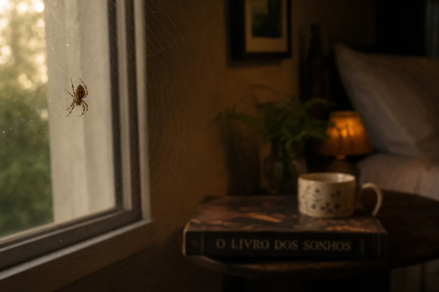 Aranha pequena sobre teia iluminada pela manhã