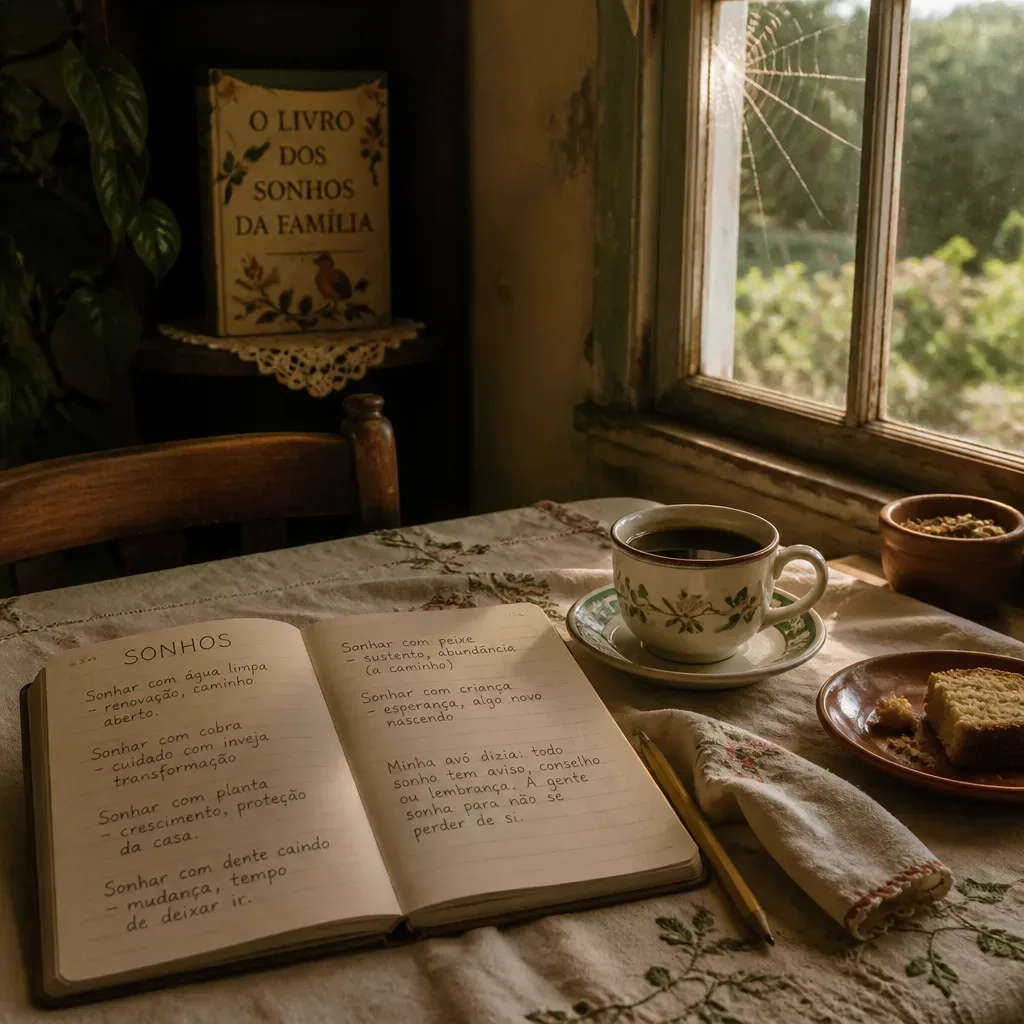Caderno de sonhos em mesa de cozinha pela manhã