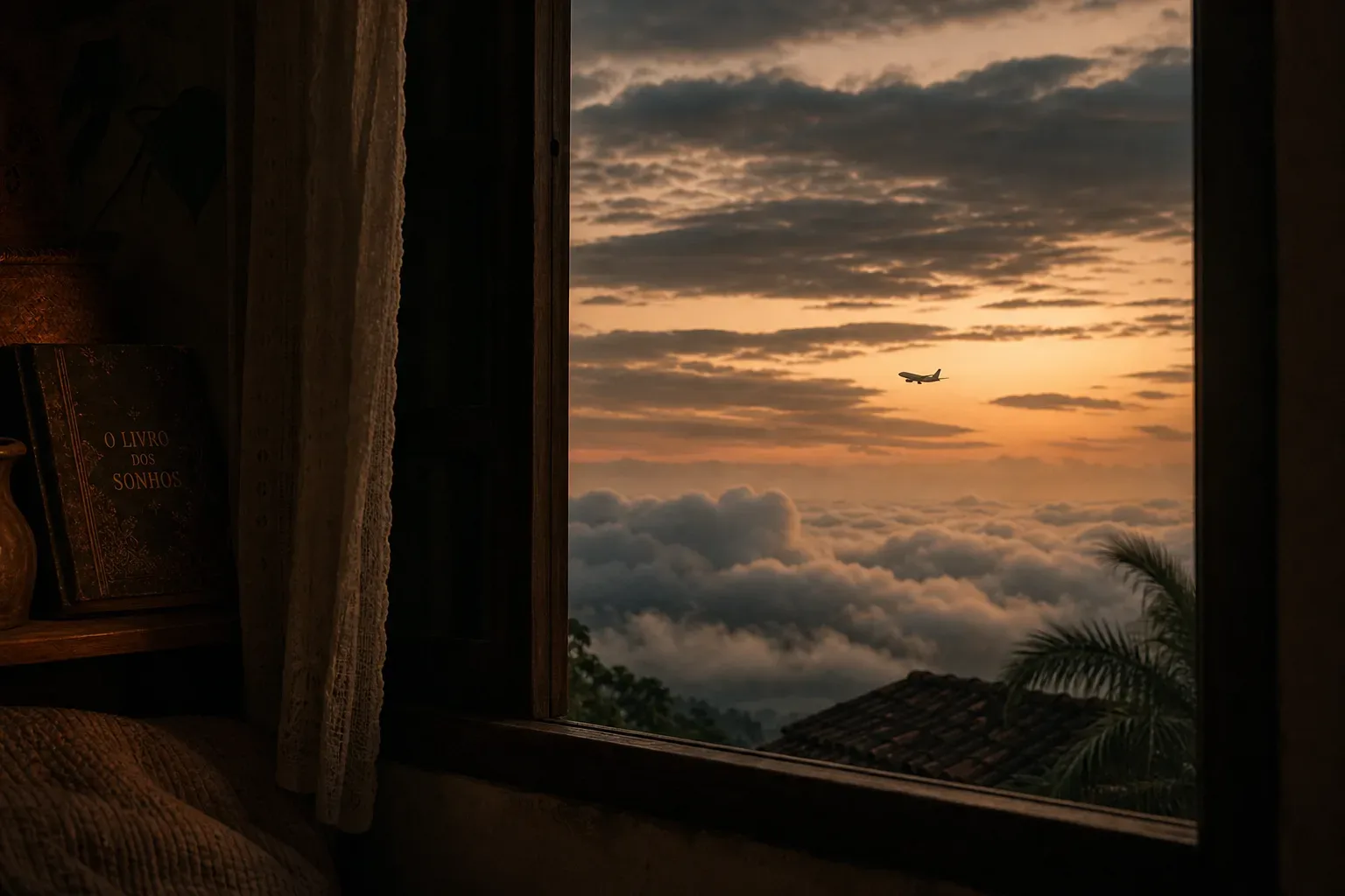 Avião distante sobre nuvens escuras ao amanhecer