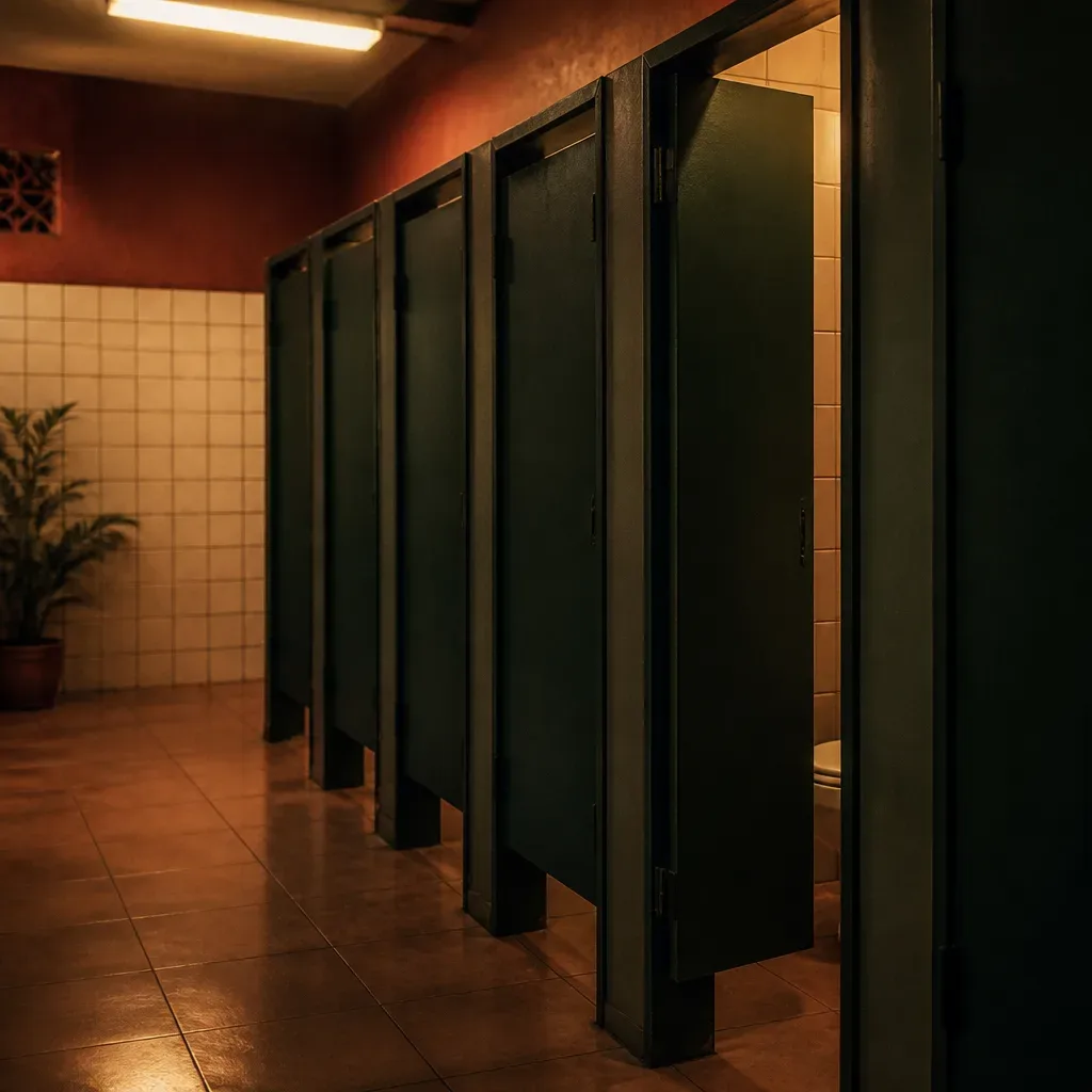 Portas de banheiro público em corredor silencioso