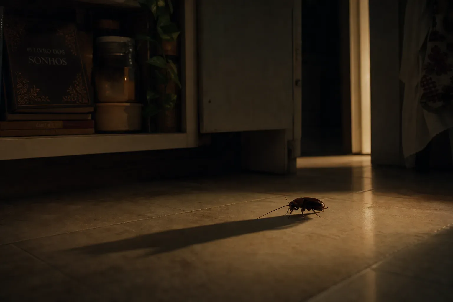 Barata projetando sombra em piso de cozinha