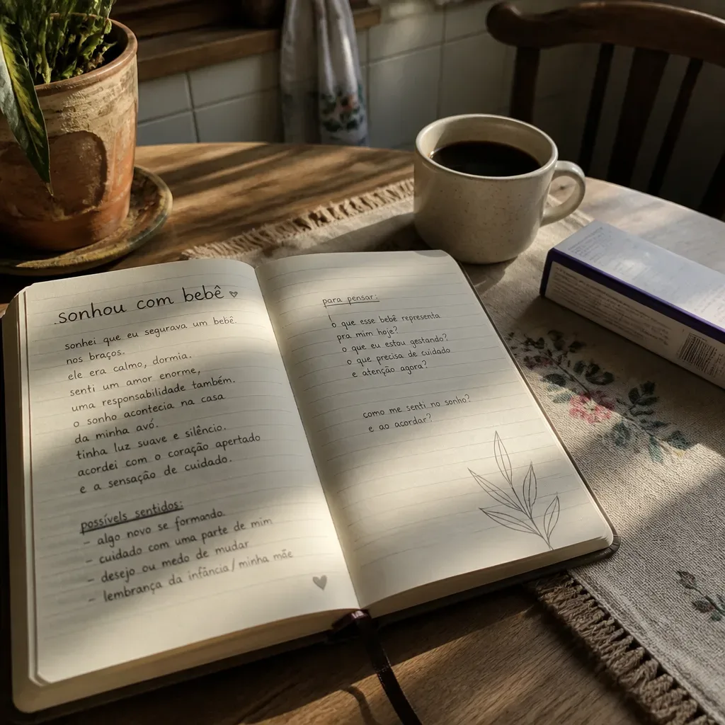 Caderno de sonhos aberto sobre mesa de manhã