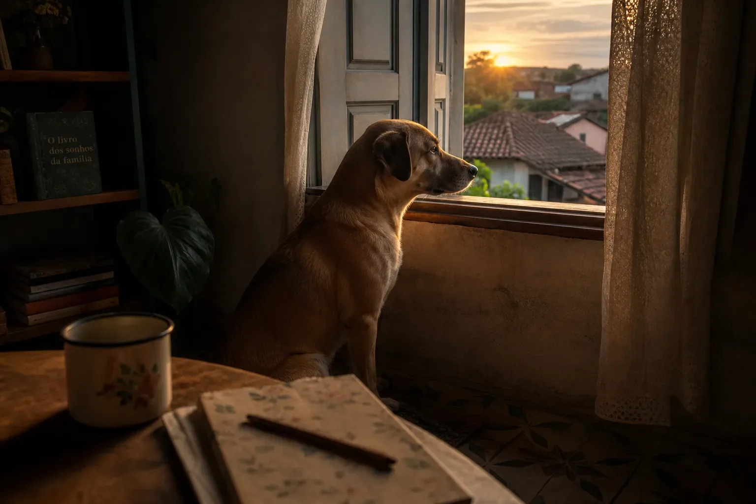 Cachorro sentado ao amanhecer perto de uma janela