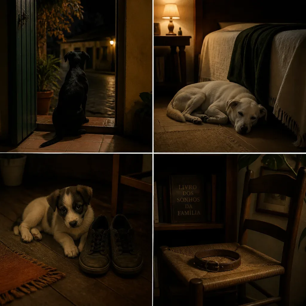 Cães e objetos simbolizando cor, cuidado e perda