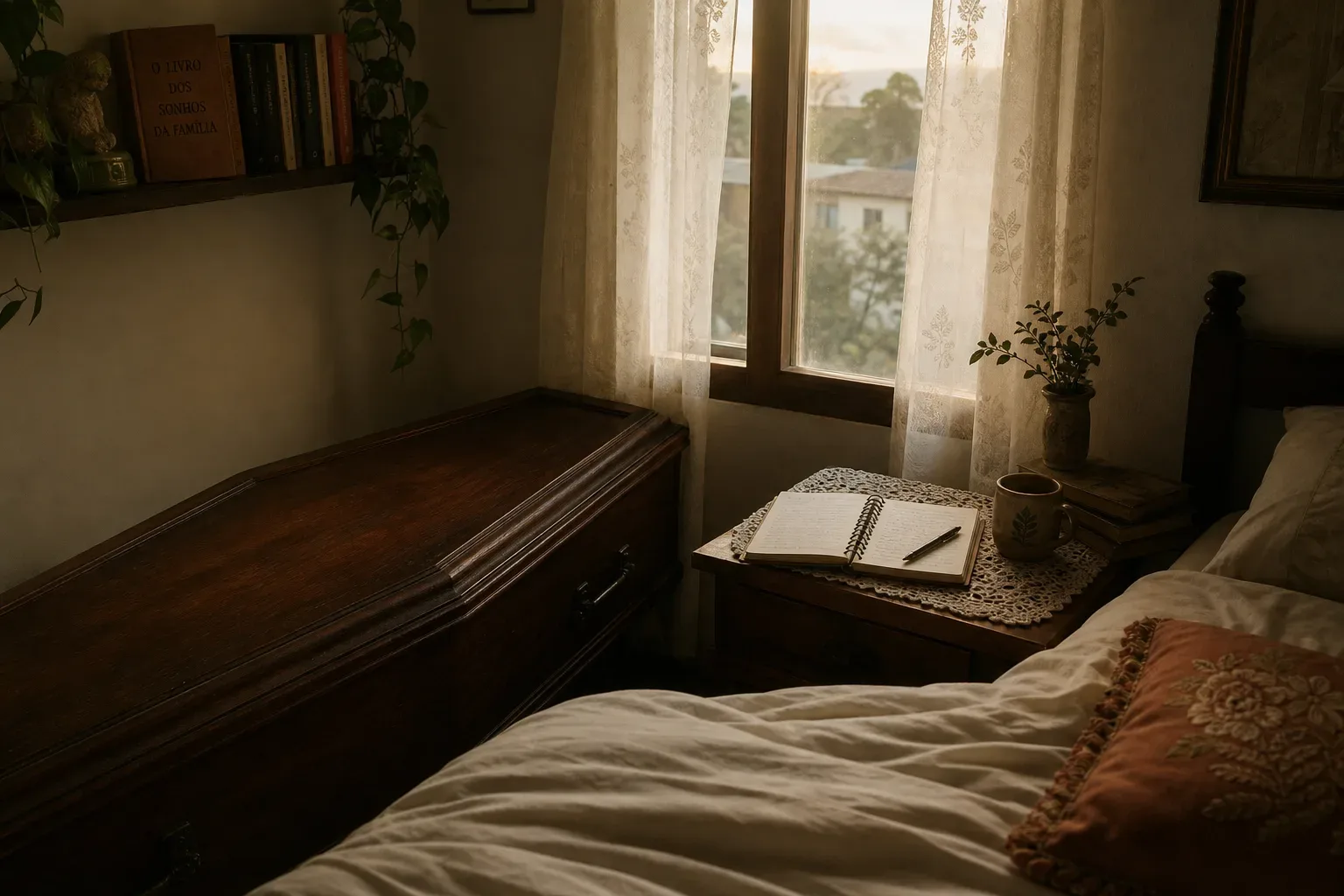 Caixão fechado em quarto silencioso ao amanhecer
