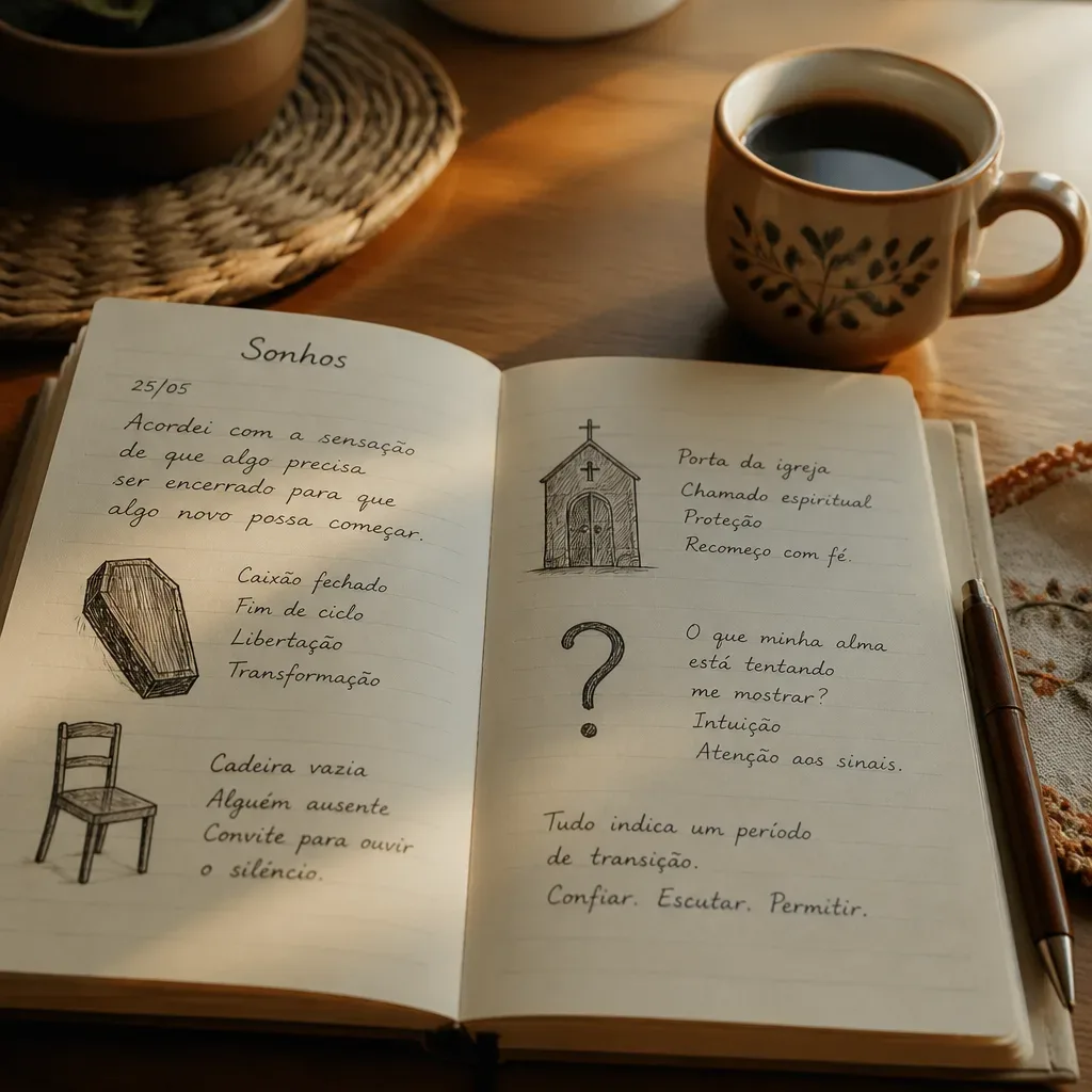 Caderno de sonhos com símbolos anotados pela manhã