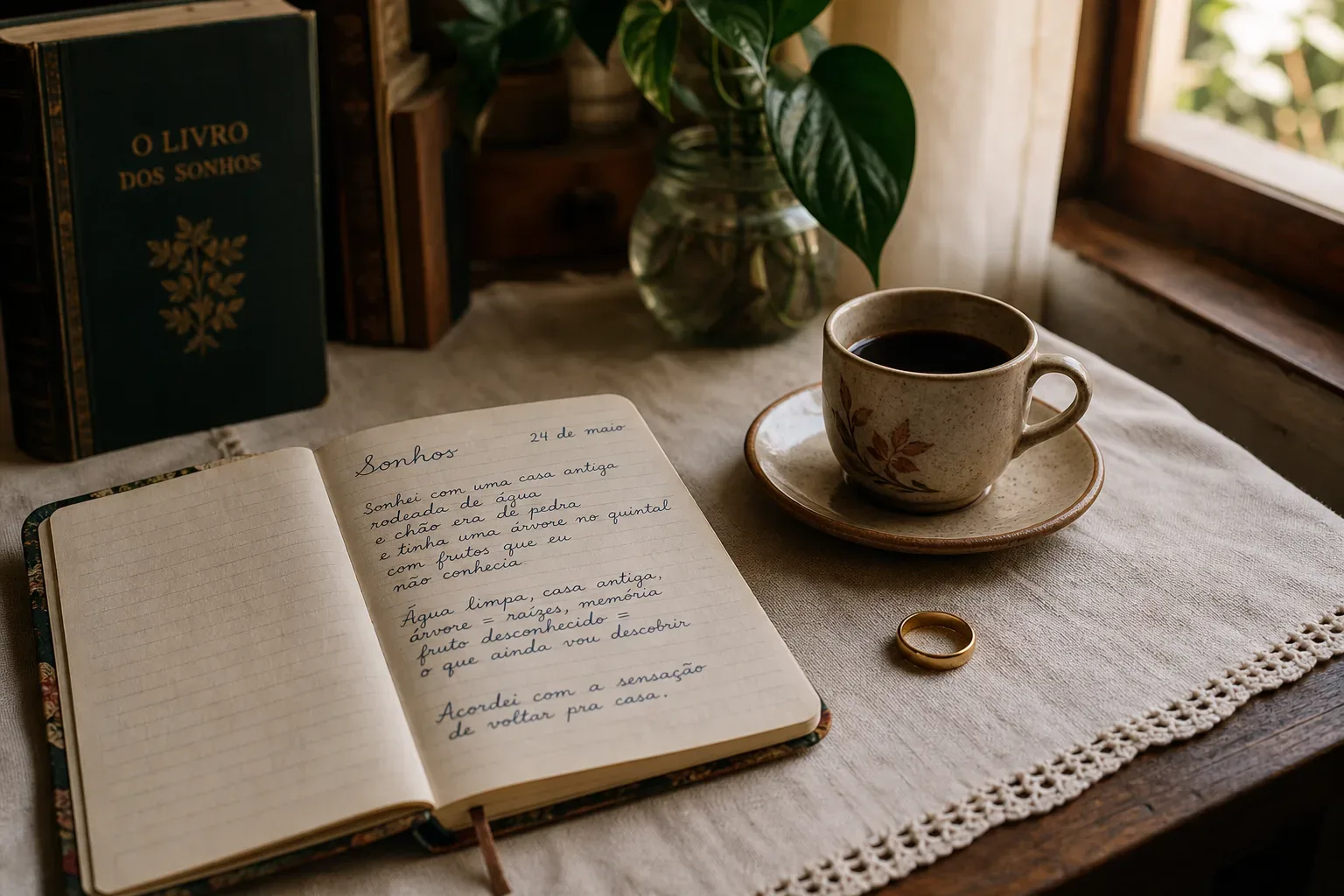 Mesa simples com aliança e caderno de sonhos