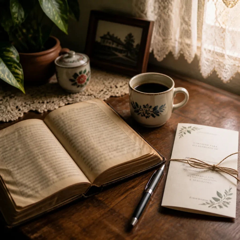 Livro antigo de sonhos ao lado de convite de casamento