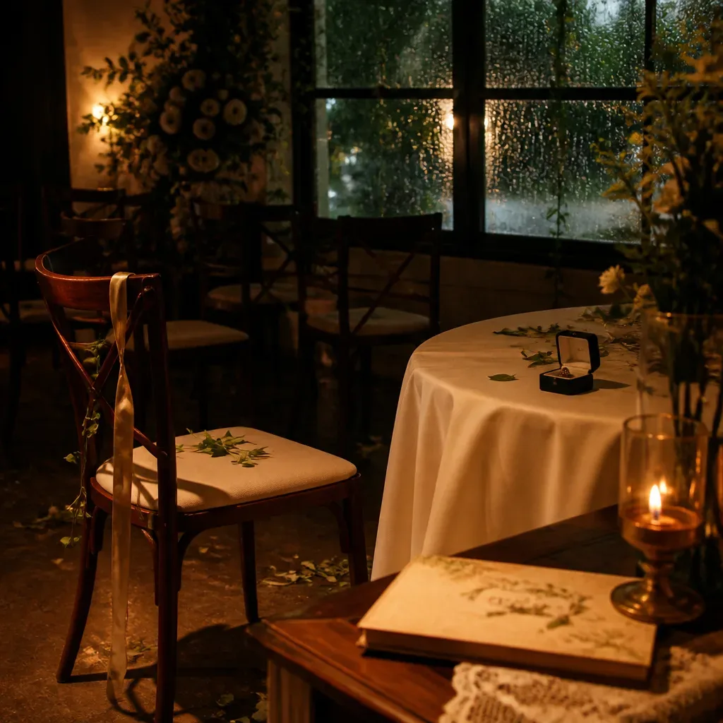 Cena de casamento vazia com cadeira fora do lugar