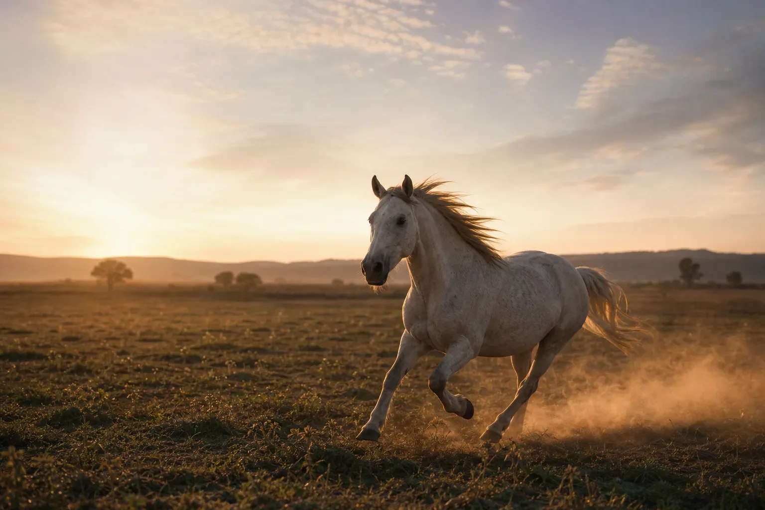 Cavalo correndo ao amanhecer em campo aberto