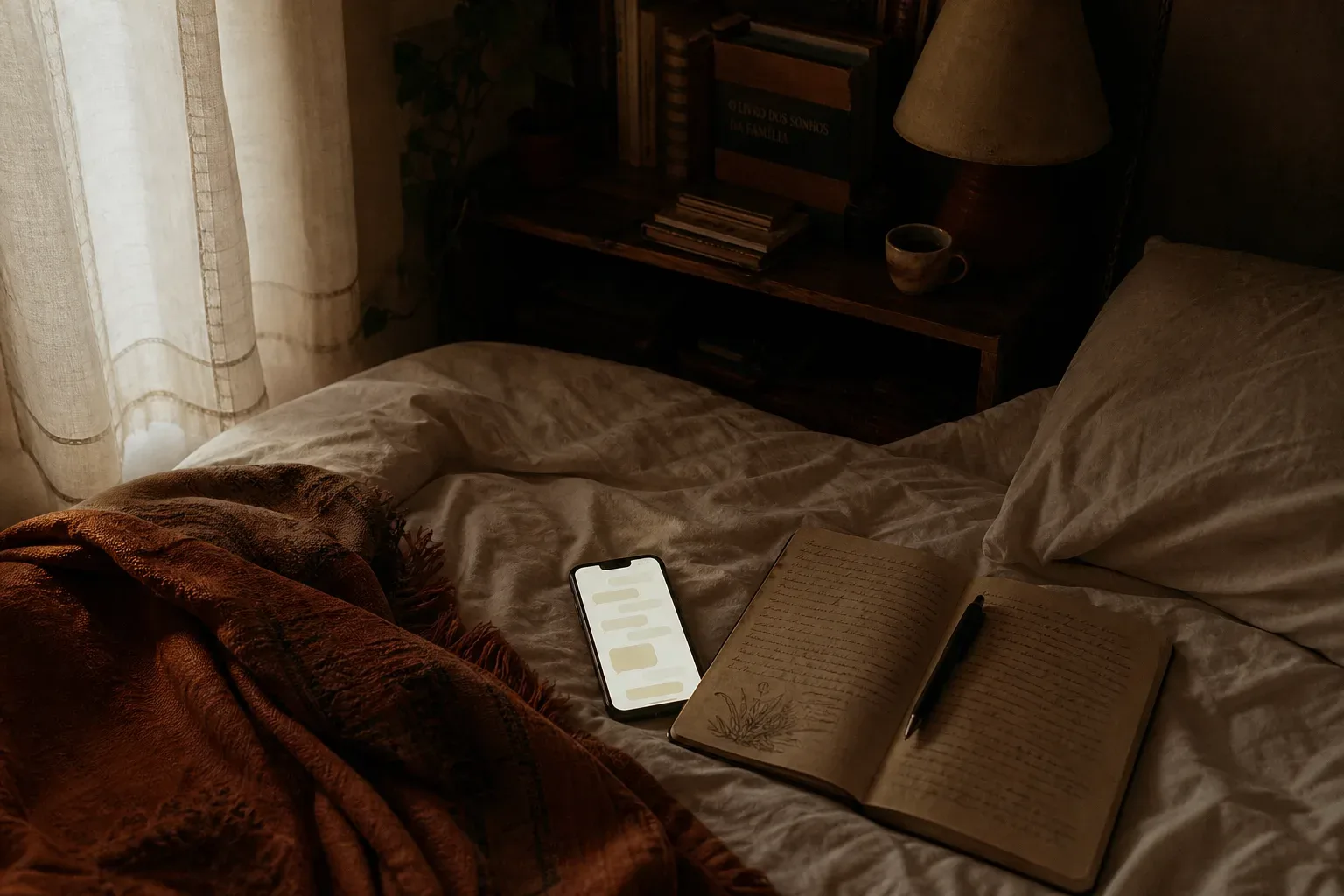 Celular iluminado ao lado de um caderno de sonhos