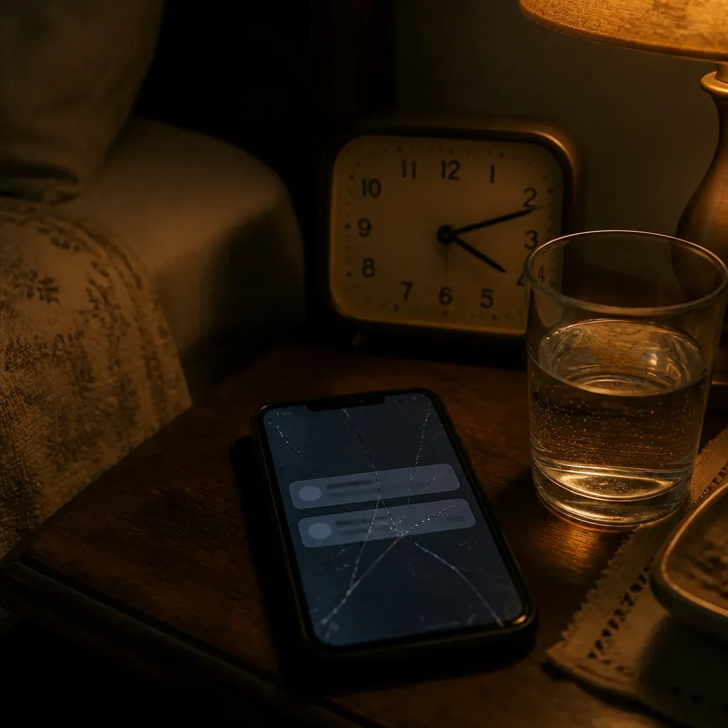 Celular com tela quebrada sobre mesa de cabeceira