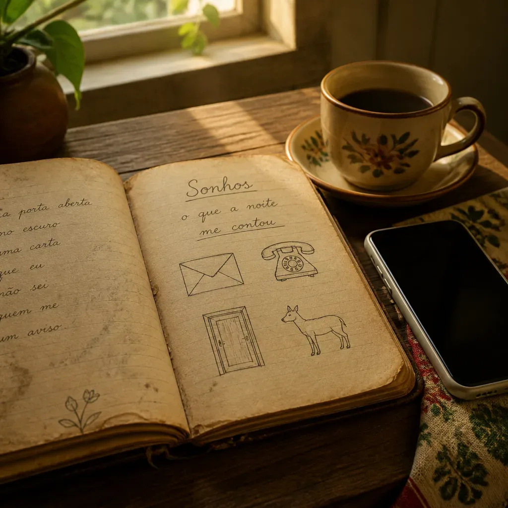 Caderno de sonhos e celular na mesa da manhã