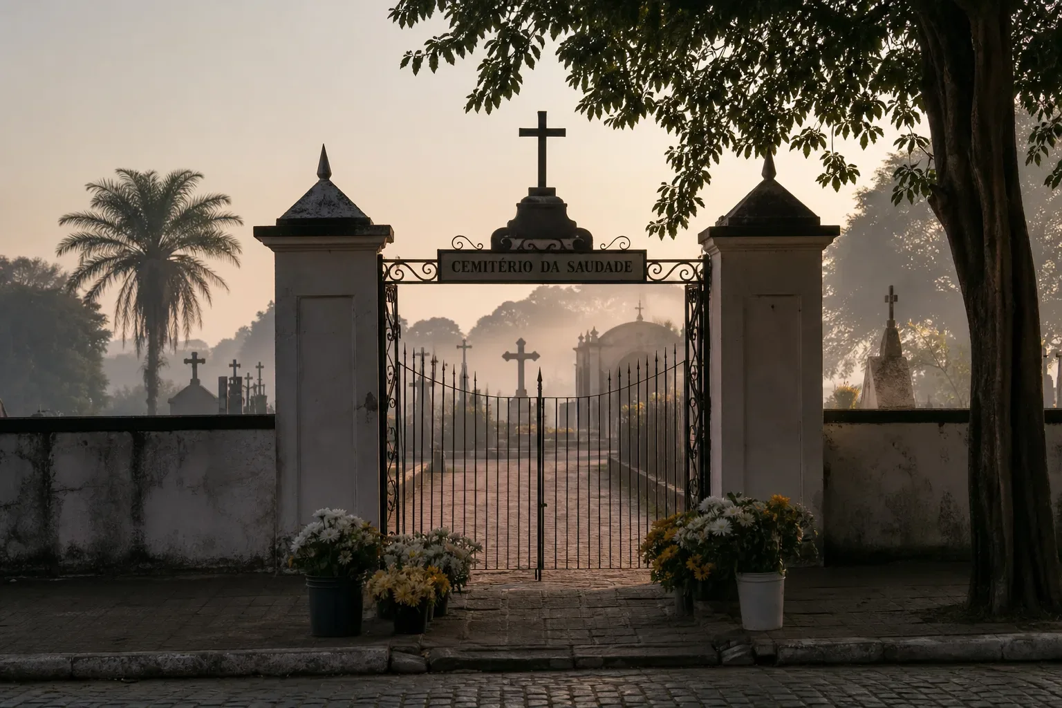 Portão de cemitério ao amanhecer com flores