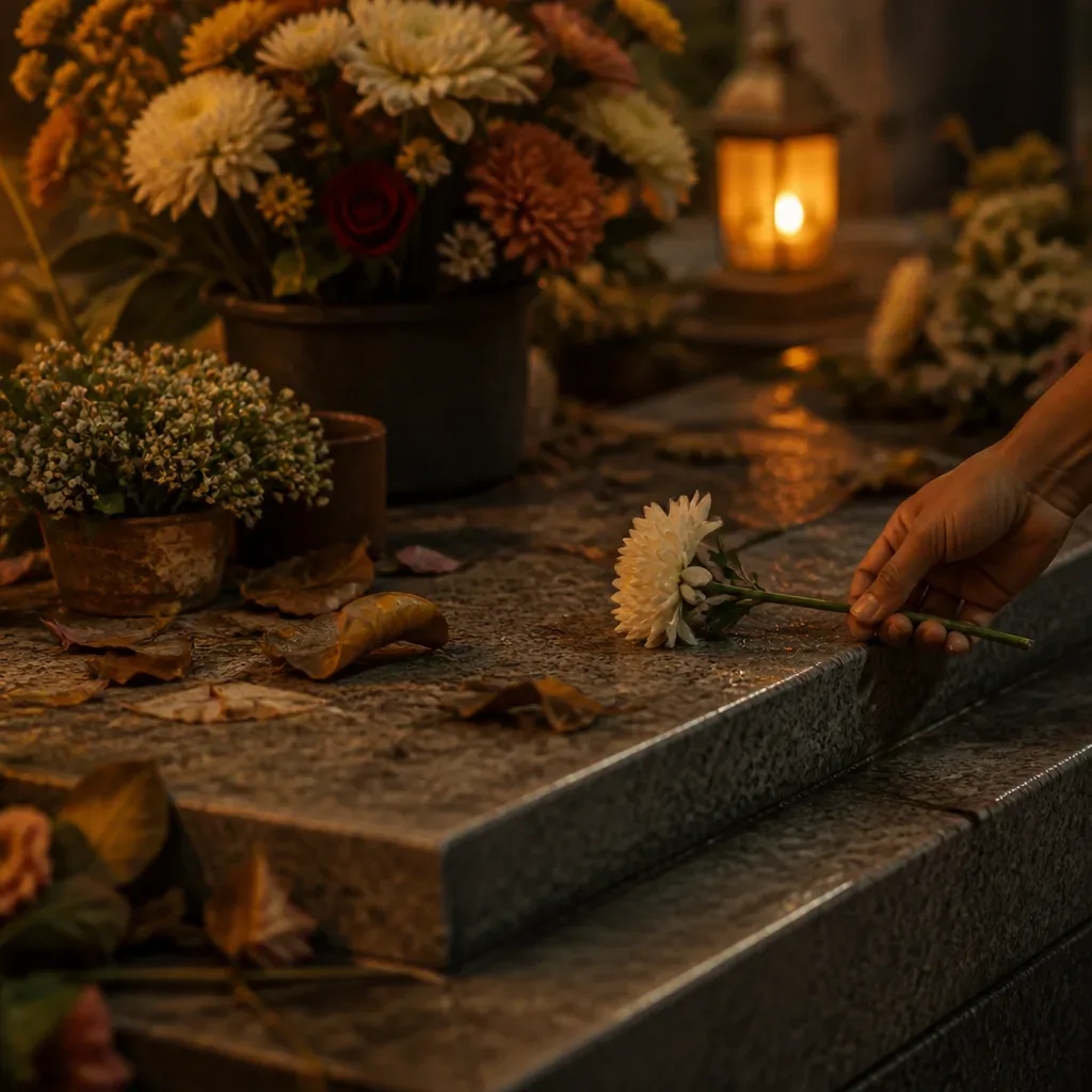 Flores colocadas em túmulo bem cuidado