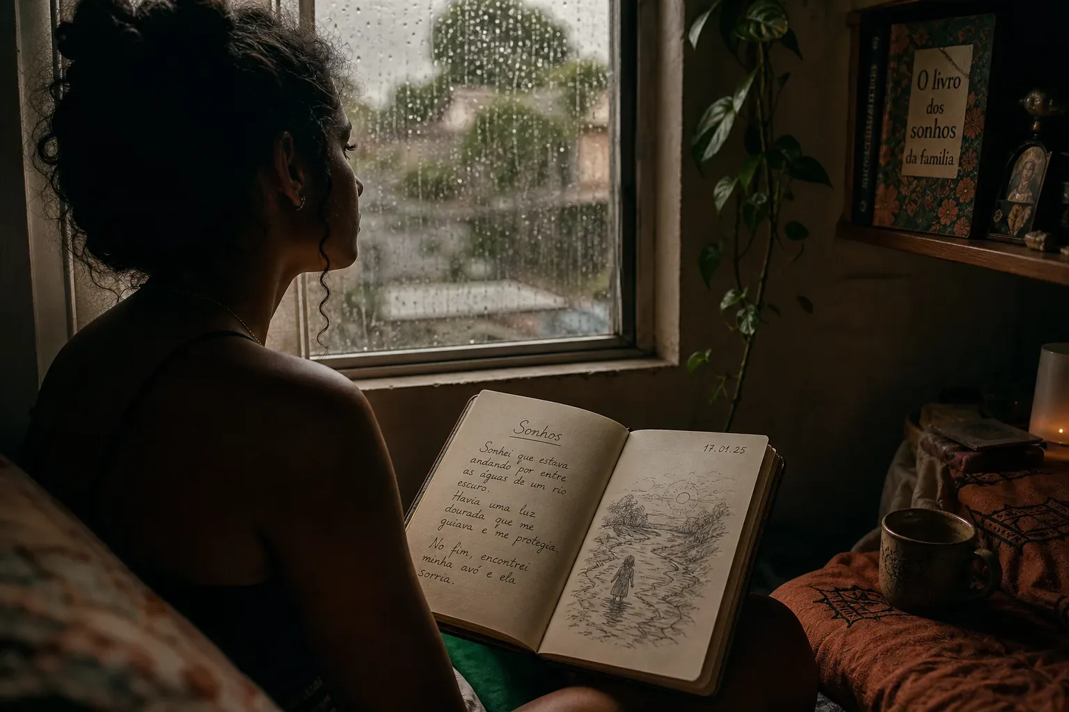 Pessoa observa chuva forte pela janela de manhã