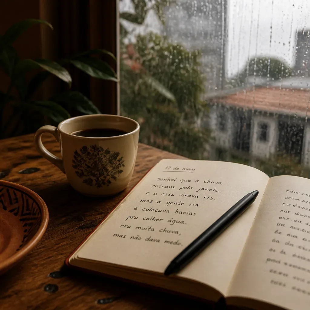 Caderno de sonhos aberto ao lado da chuva