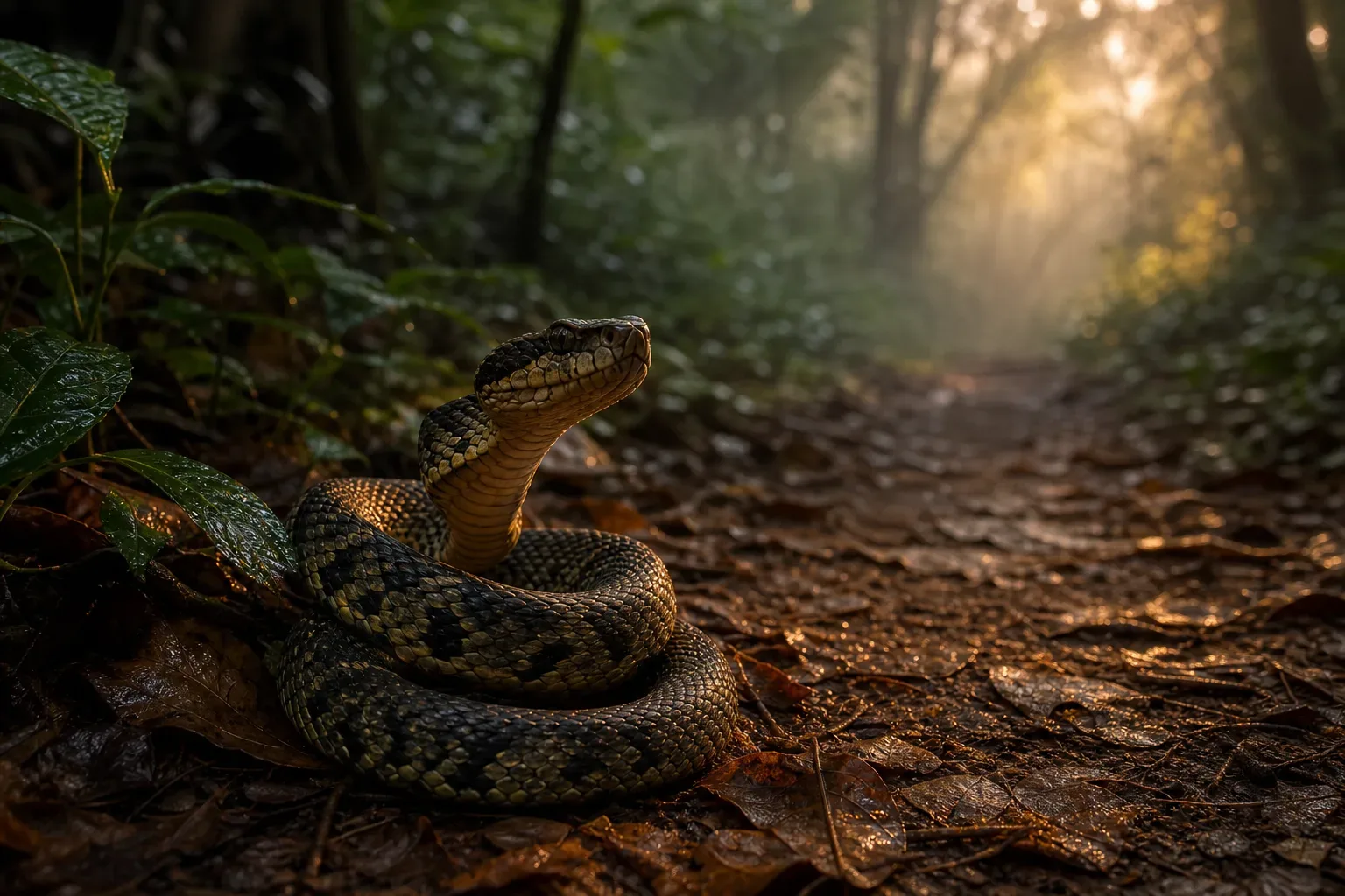 Cobra em posição de ataque numa mata escura