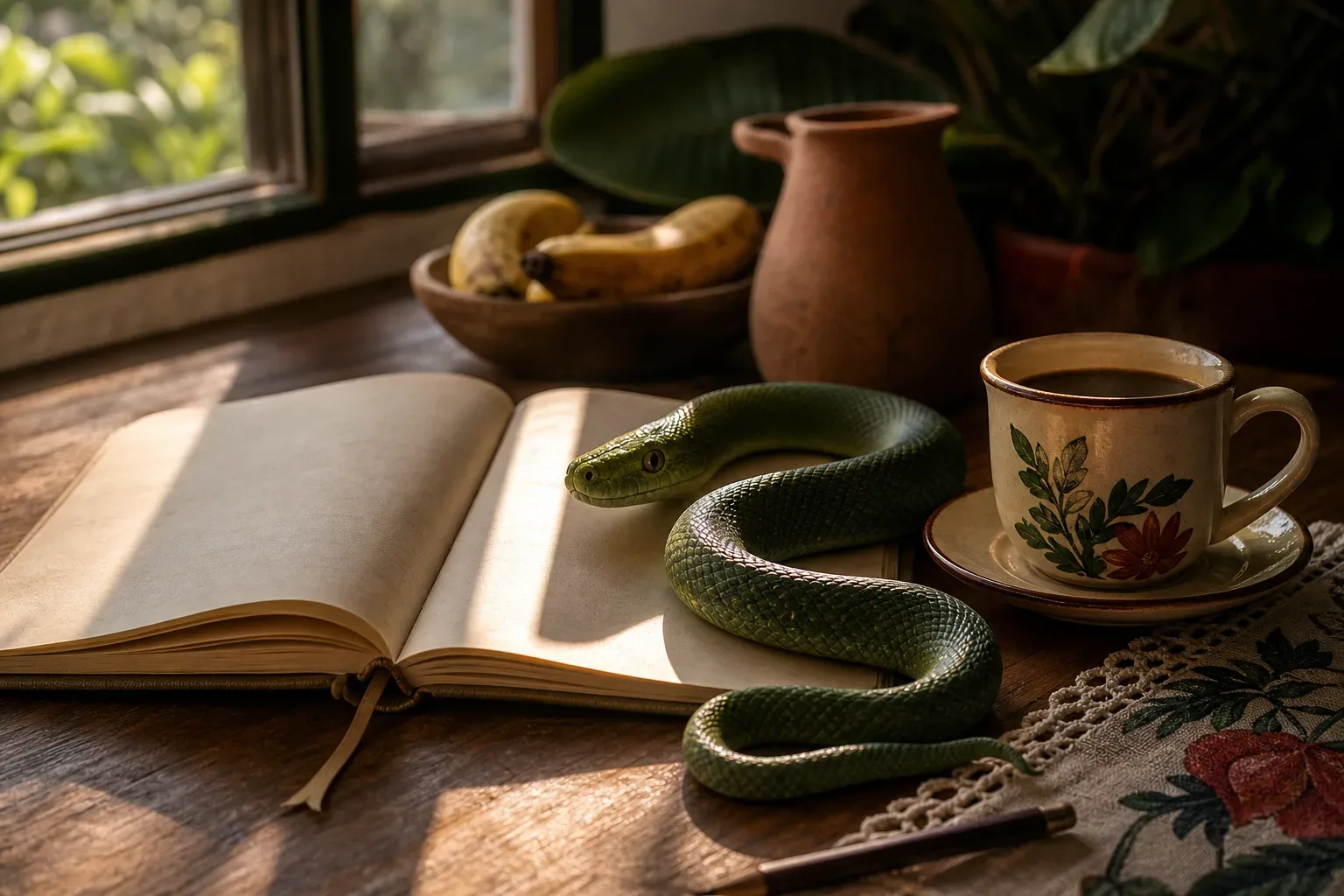 Cobra verde enrolada perto de um caderno de sonhos