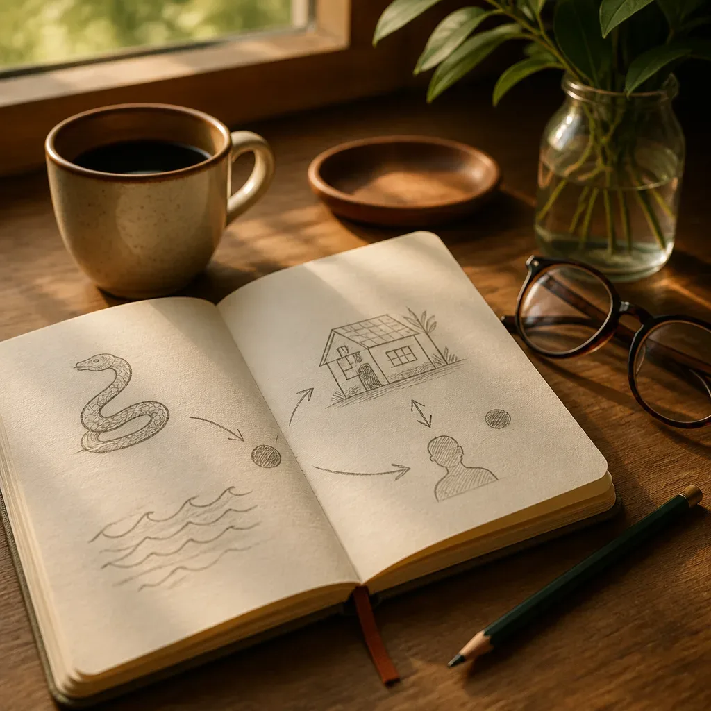 Caderno com desenho de cobra e anotações de sonho