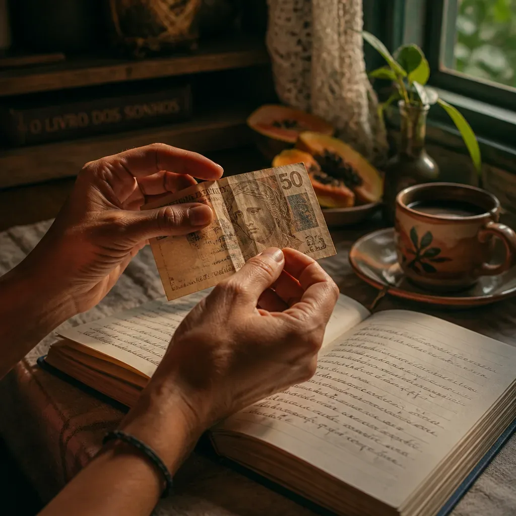 Mãos conferindo uma nota ao lado do caderno