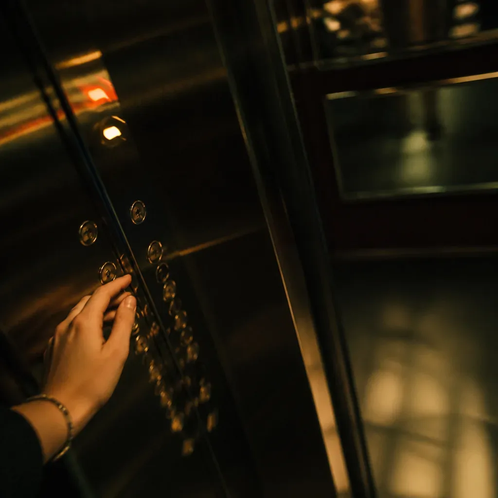 Mão próxima ao painel de elevador em sonho de queda
