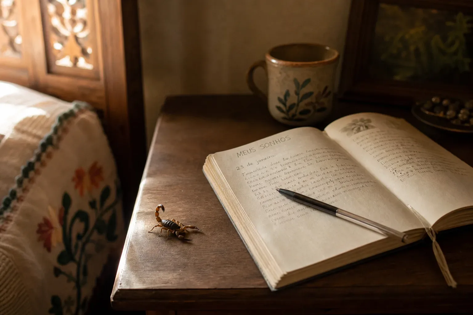 Escorpião parado perto de um caderno de sonhos