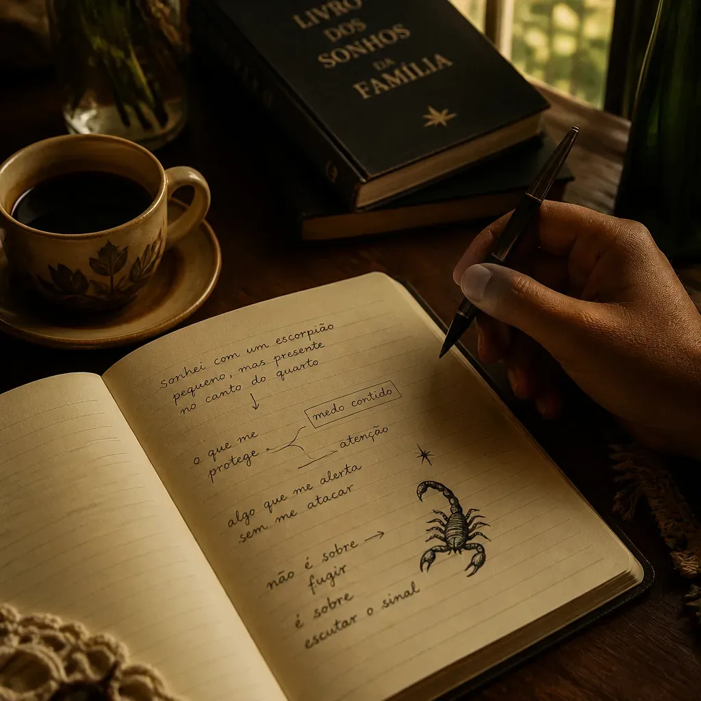 Caderno com anotações e desenho de escorpião