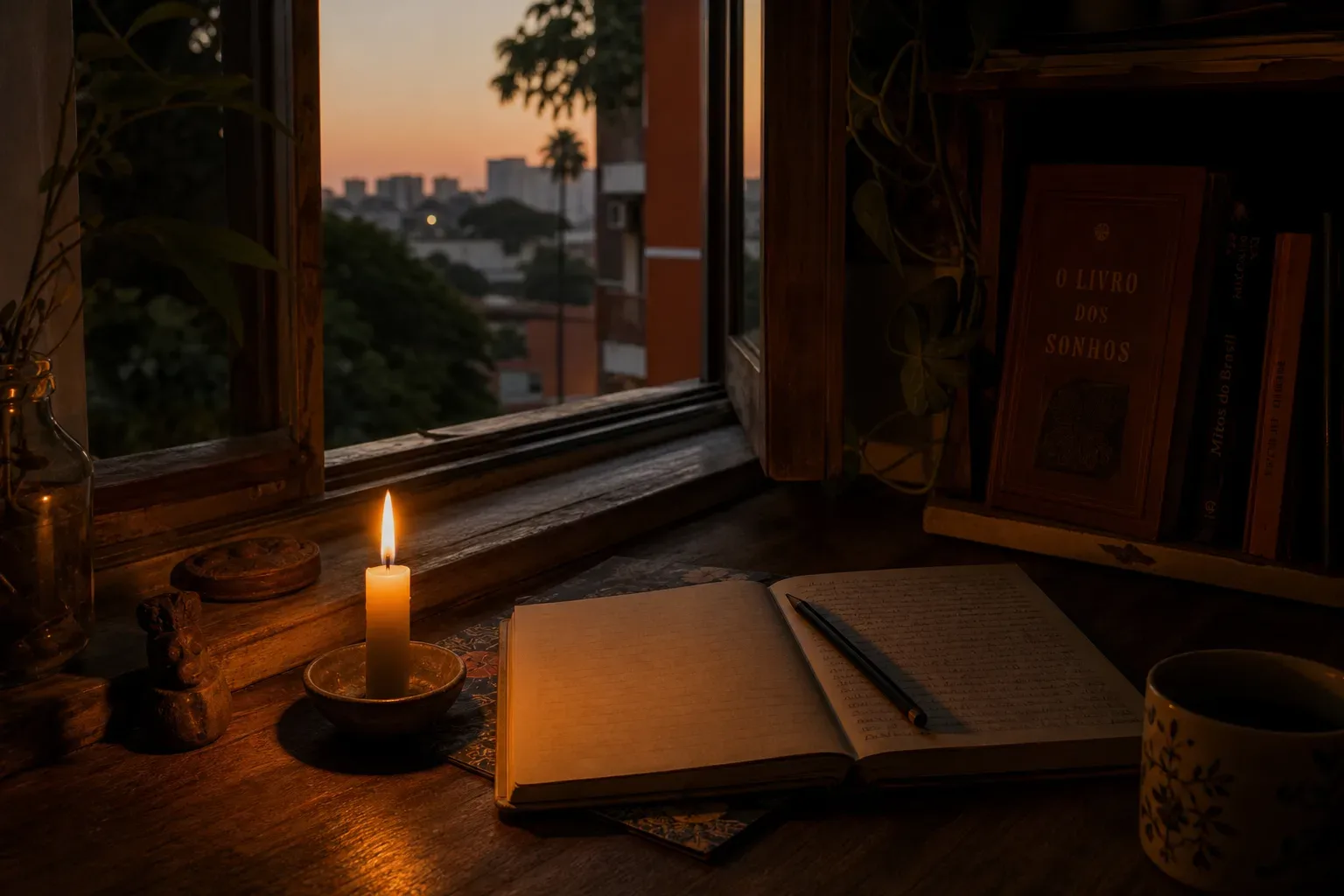 Chama acesa diante de uma janela ao amanhecer