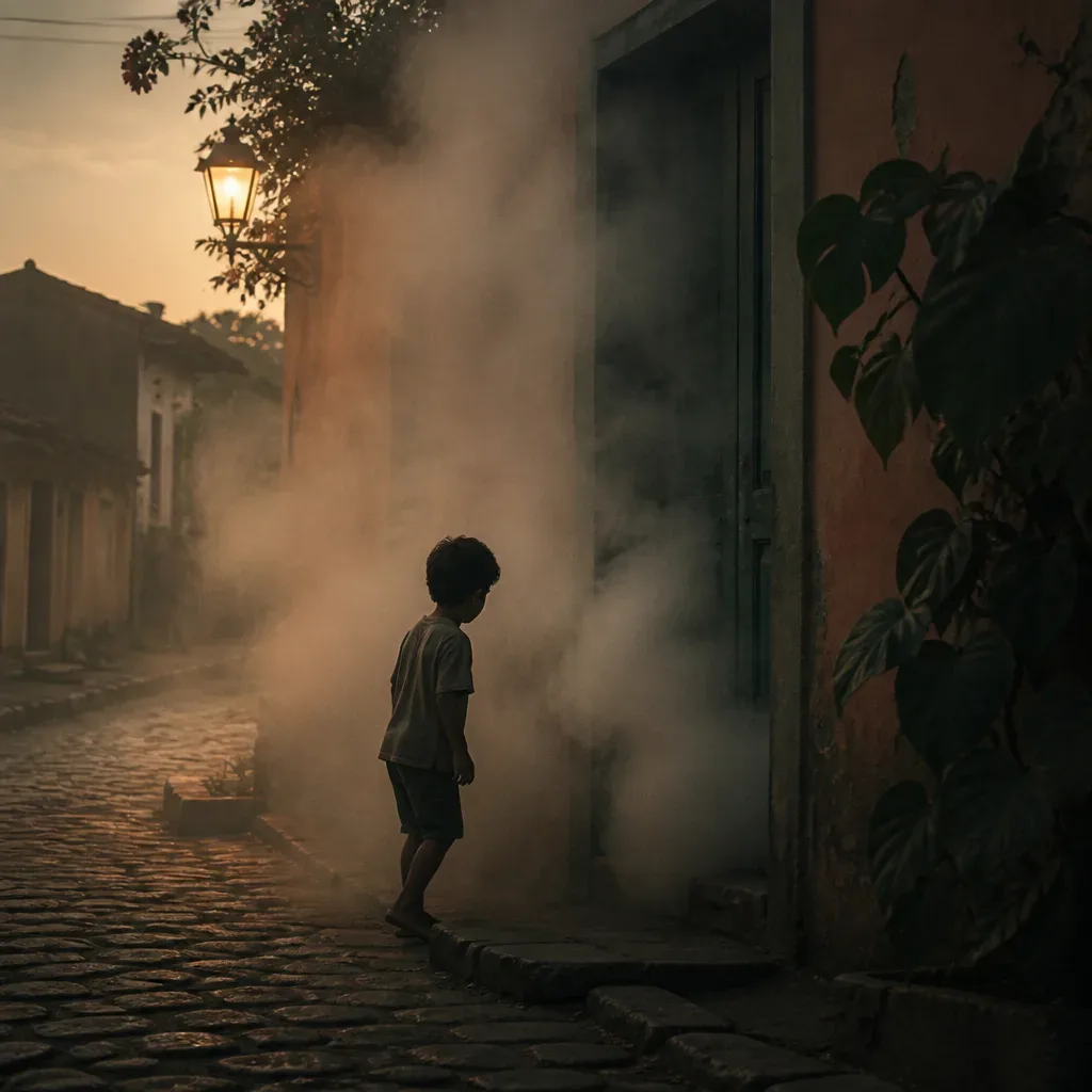 Fumaça encobre uma porta ao amanhecer