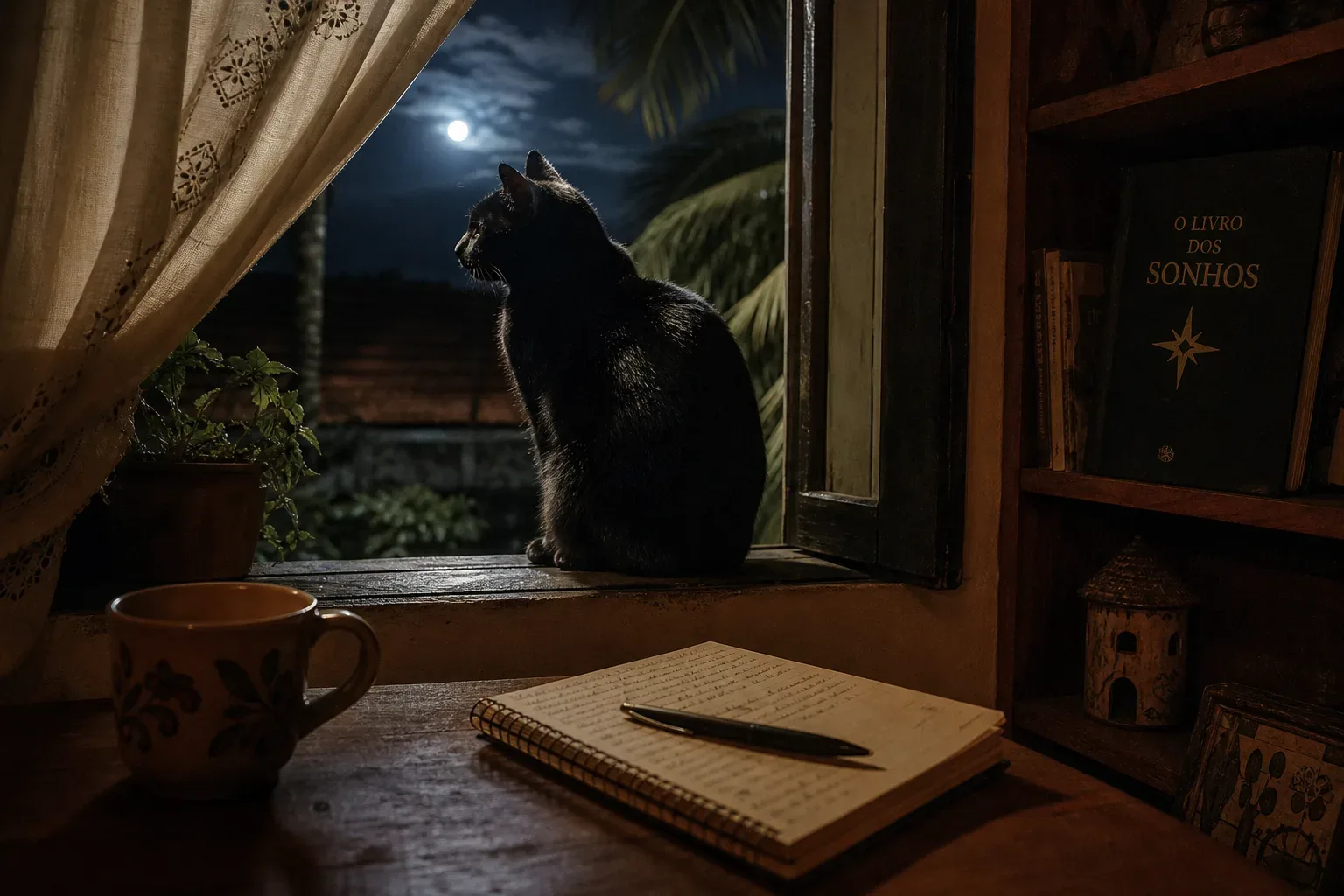 Gato preto sentado perto de uma janela à noite