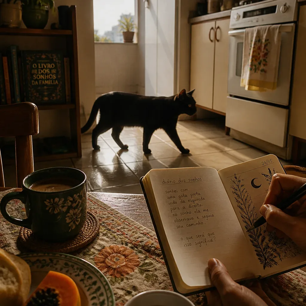 Gato preto passa perto de um diário de sonhos