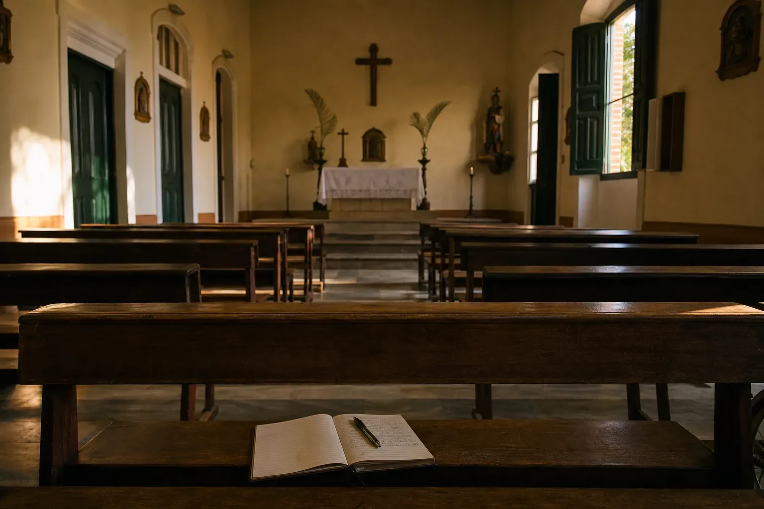 Interior de igreja silenciosa iluminado pela manhã