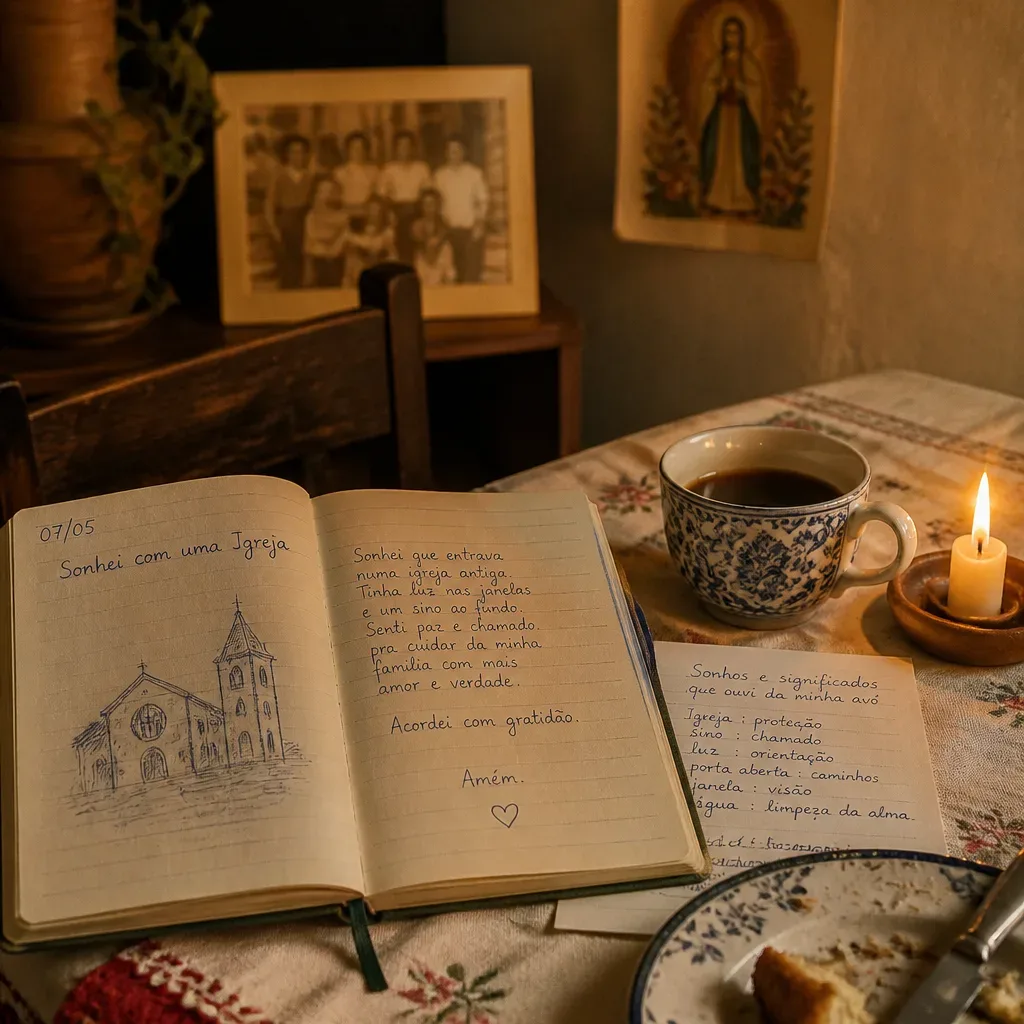 Caderno de sonhos aberto sobre mesa de café