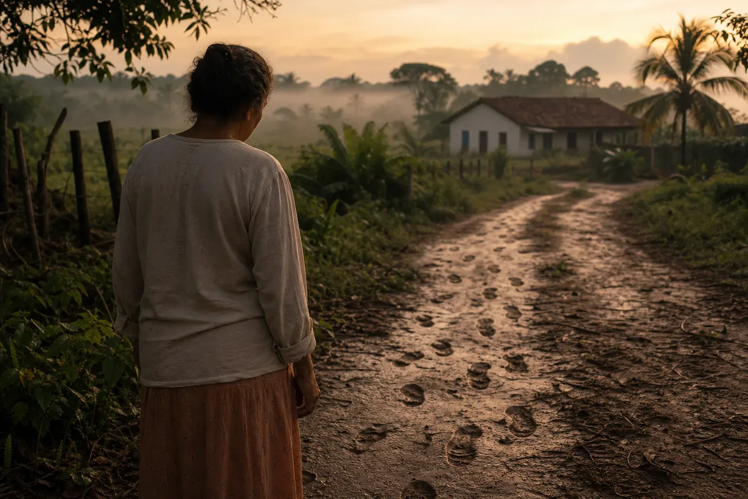 Pessoa observando pegadas na lama ao amanhecer