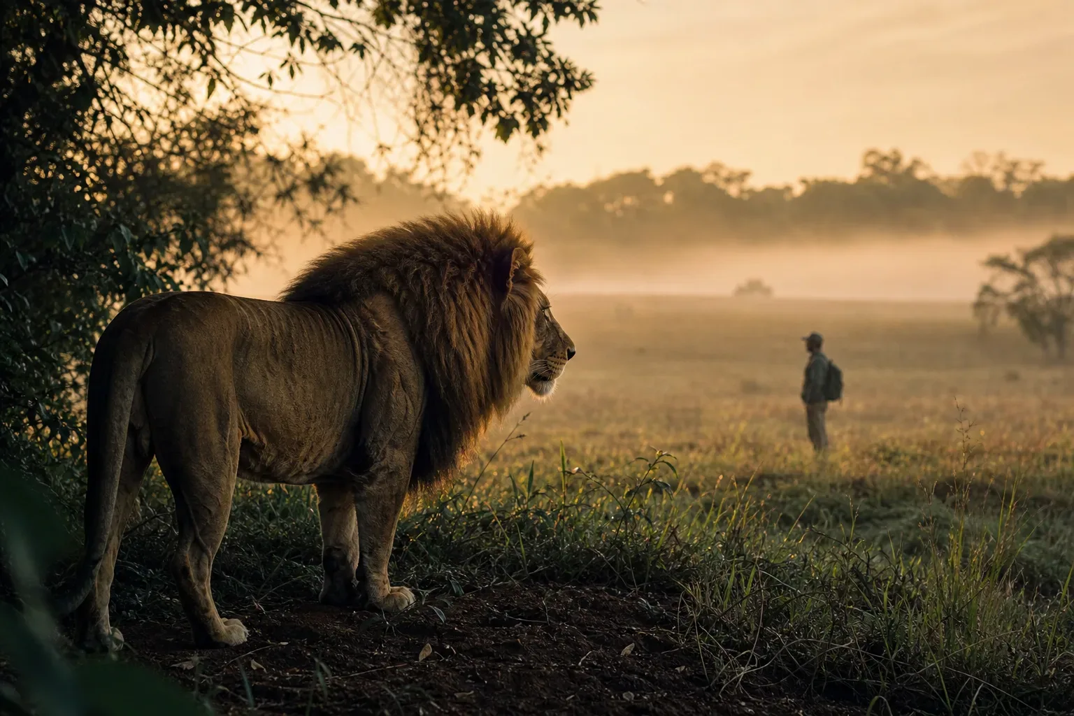 Leão calmo observado ao amanhecer