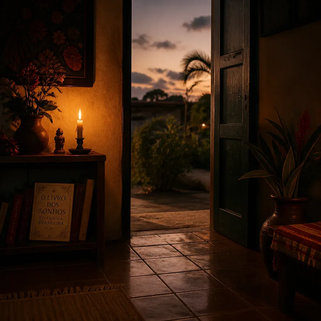 Porta iluminada com vela e flores simbólicas