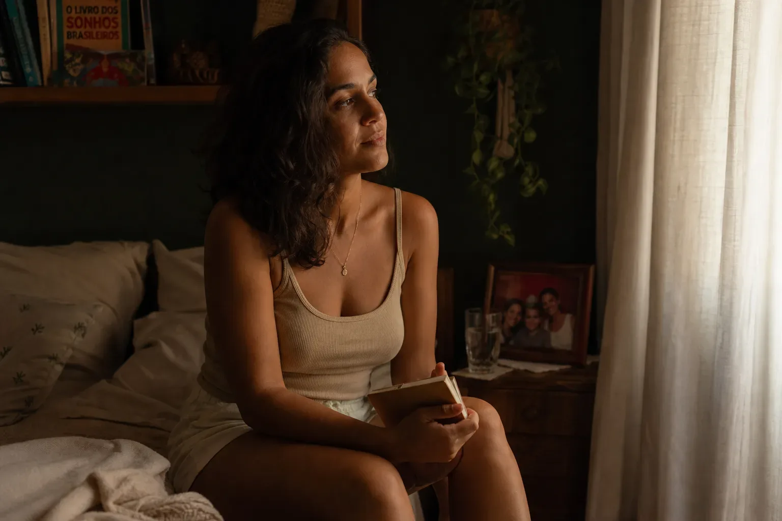 Mulher acordada lembrando sonho com a mãe
