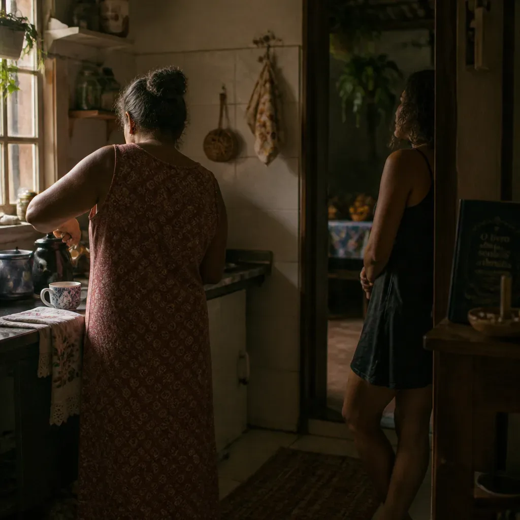 Filha observa mãe preparando café na cozinha