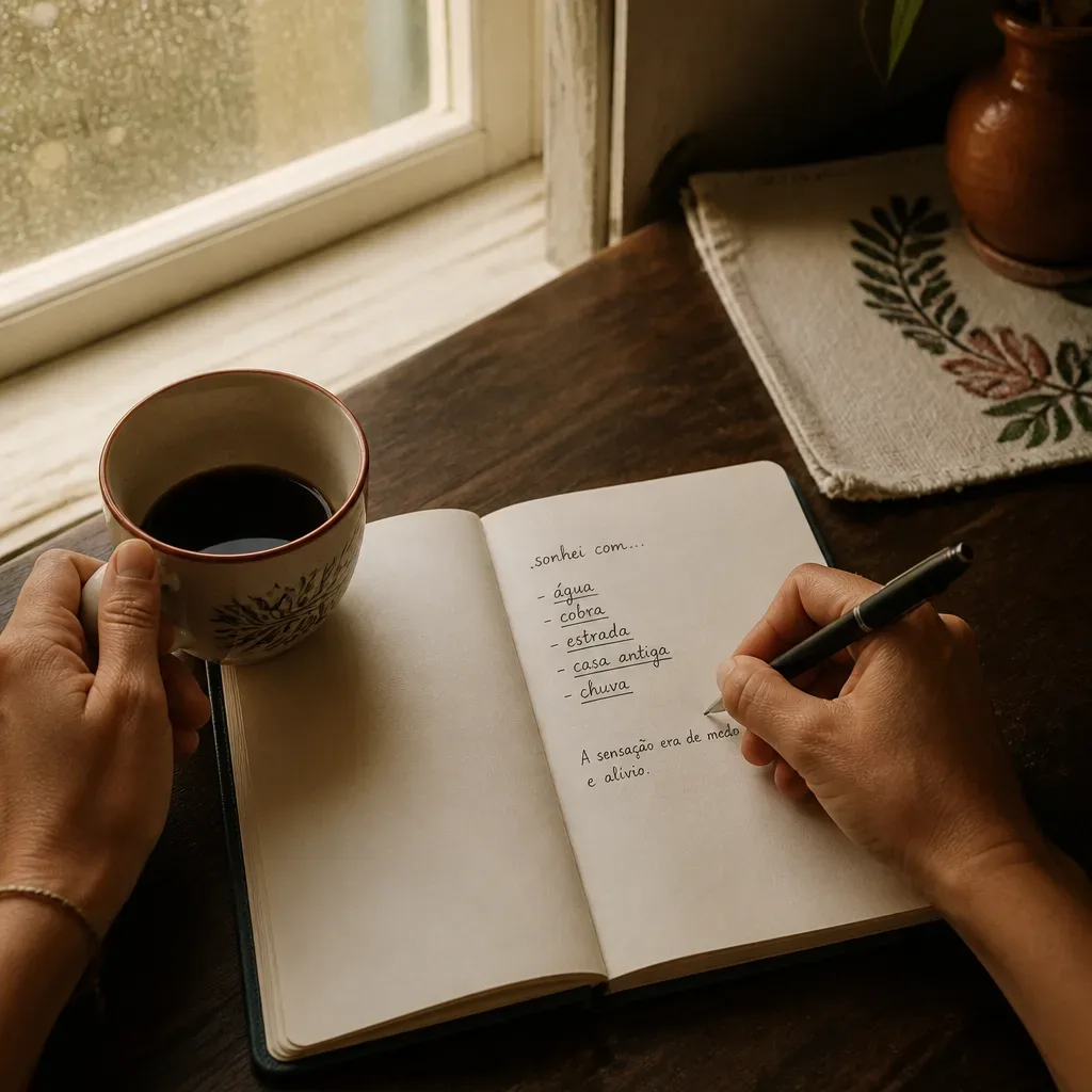 Mãos anotando sonho em caderno pela manhã