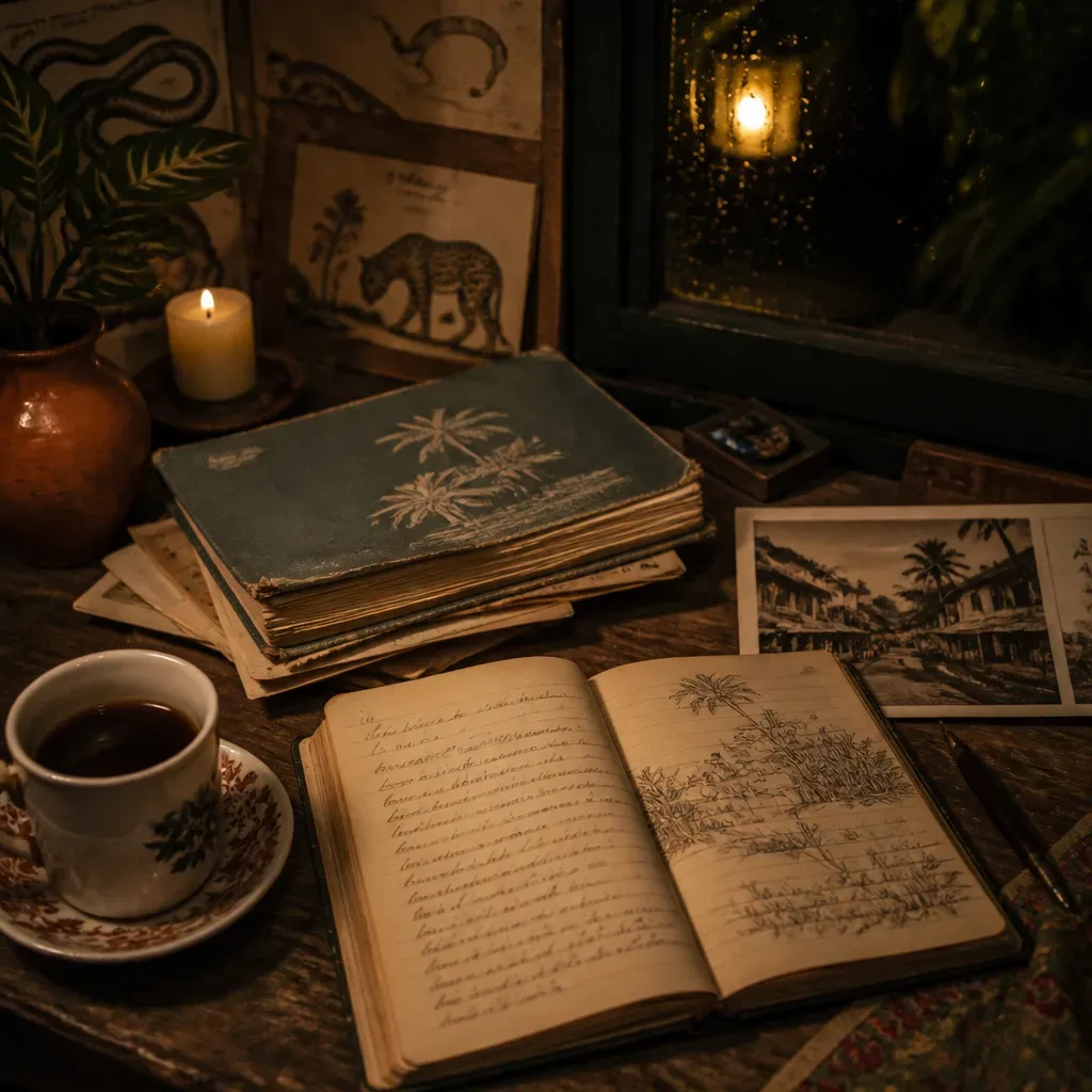 Livro antigo de sonhos com anotações e café