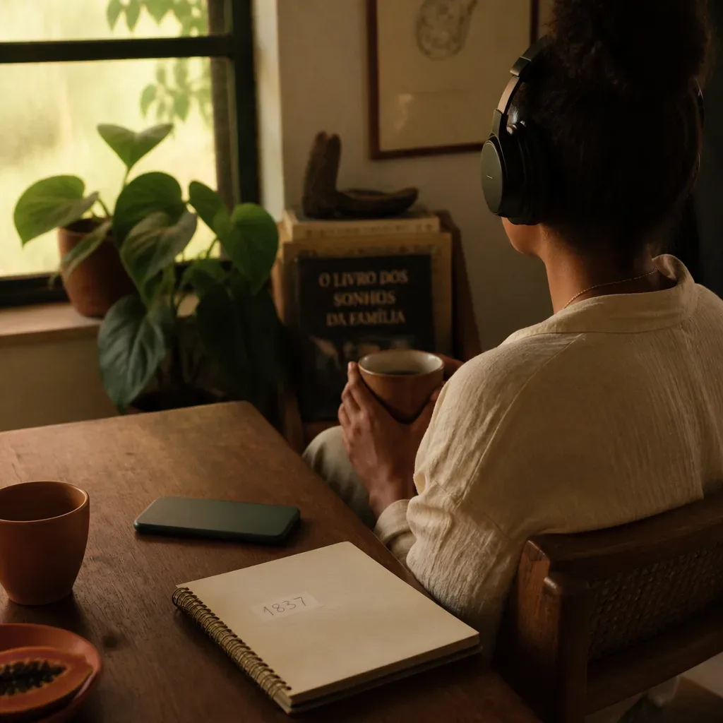Pessoa ouvindo áudio matinal ao lado do caderno