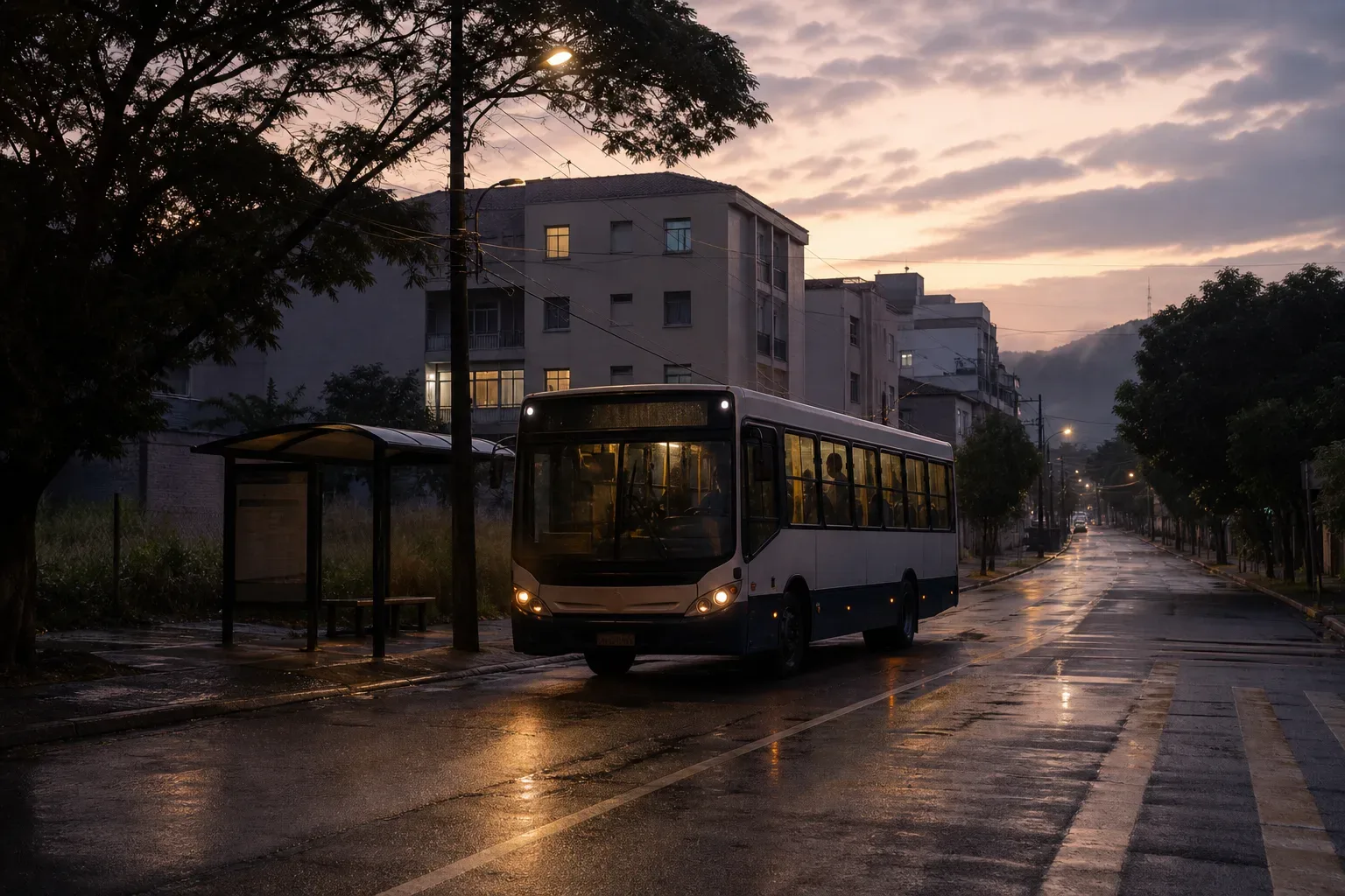 Ônibus parado em rua silenciosa ao amanhecer