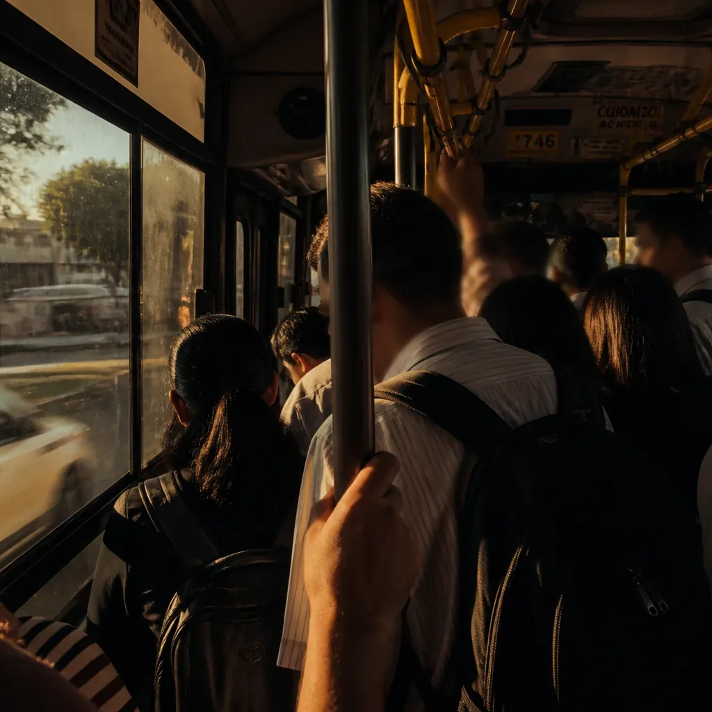 Passageiros em ônibus cheio durante a manhã