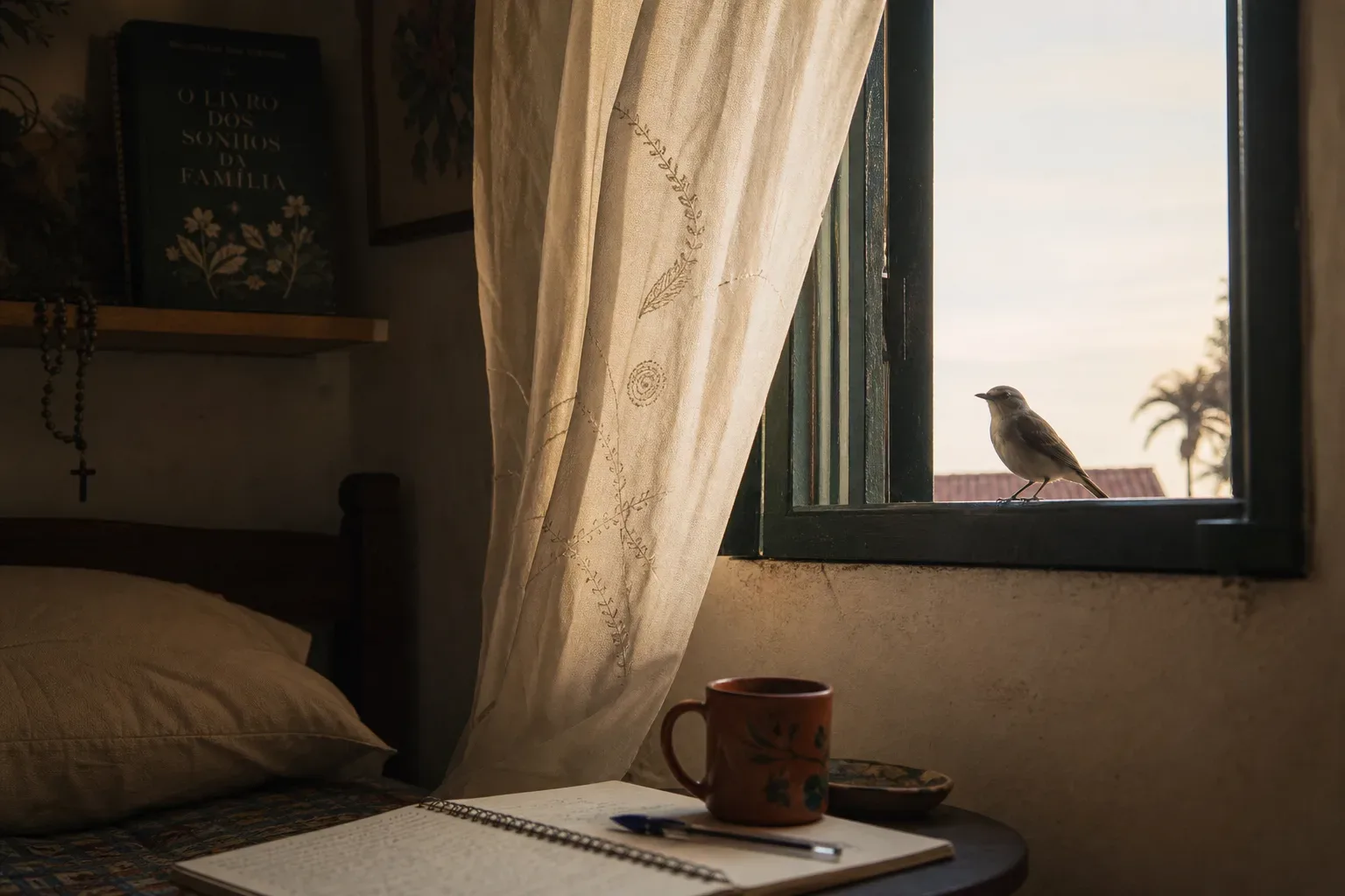 Passarinho pousado na janela ao amanhecer