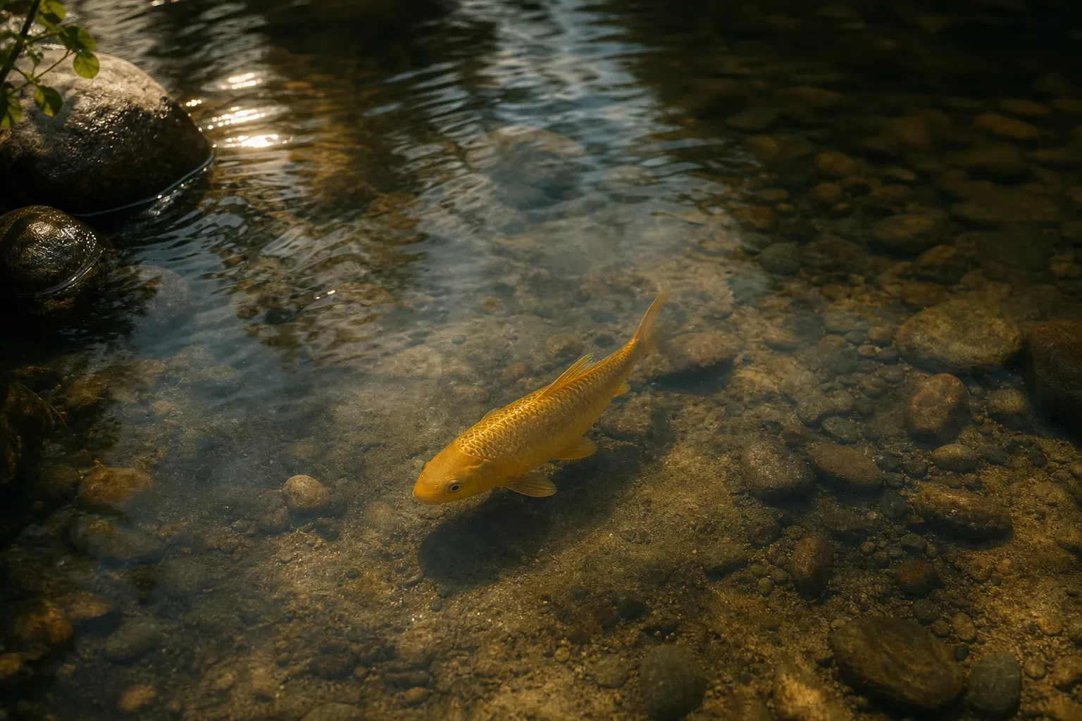 Peixe dourado nadando em água clara