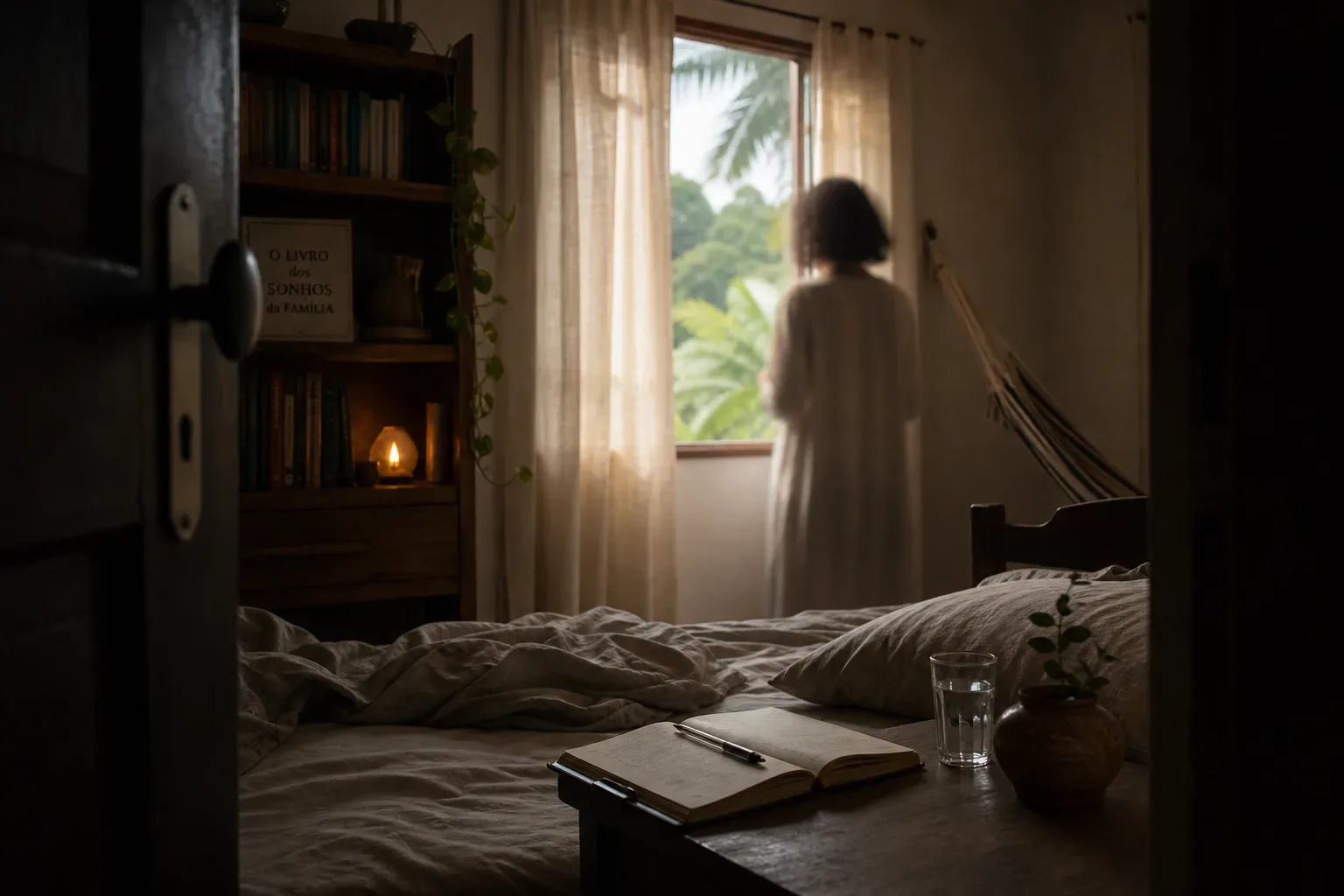 Pessoa sem rosto nítido em quarto ao amanhecer
