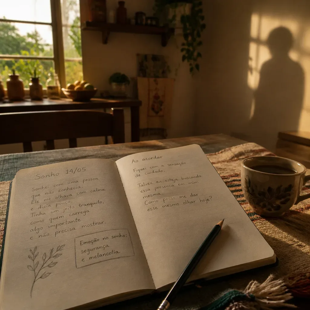Caderno de sonhos aberto sobre mesa de manhã